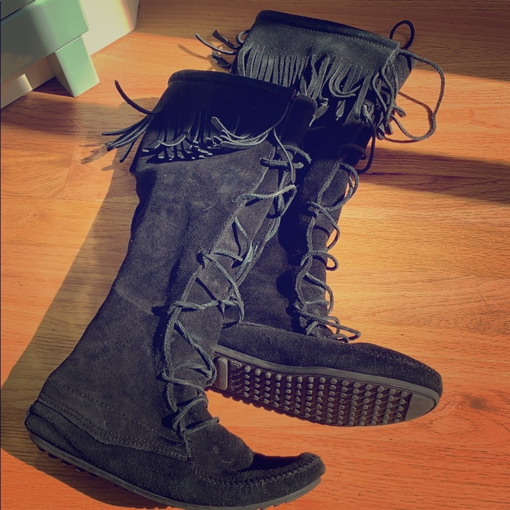 Minnetonka knee high black suede moccasin boots